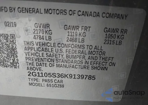 2019 Chevrolet Impala Premier z USA, uszkodzony, nr VIN 2G1105S36K9139785